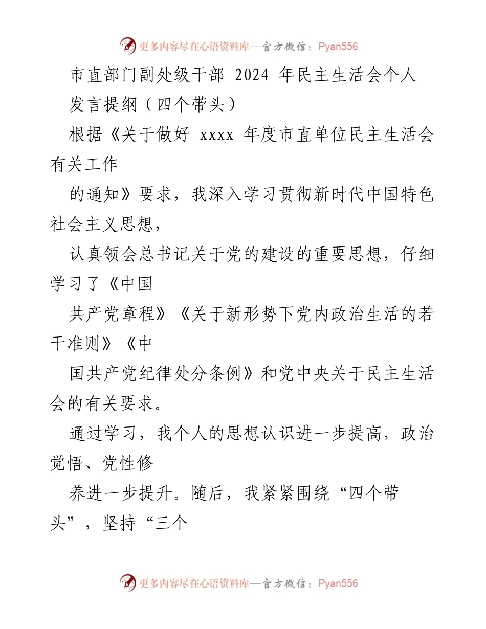 [发言] 民主生活会 - 市直部门副处级干部个人发言提纲分析与整改措施.docx_第1页