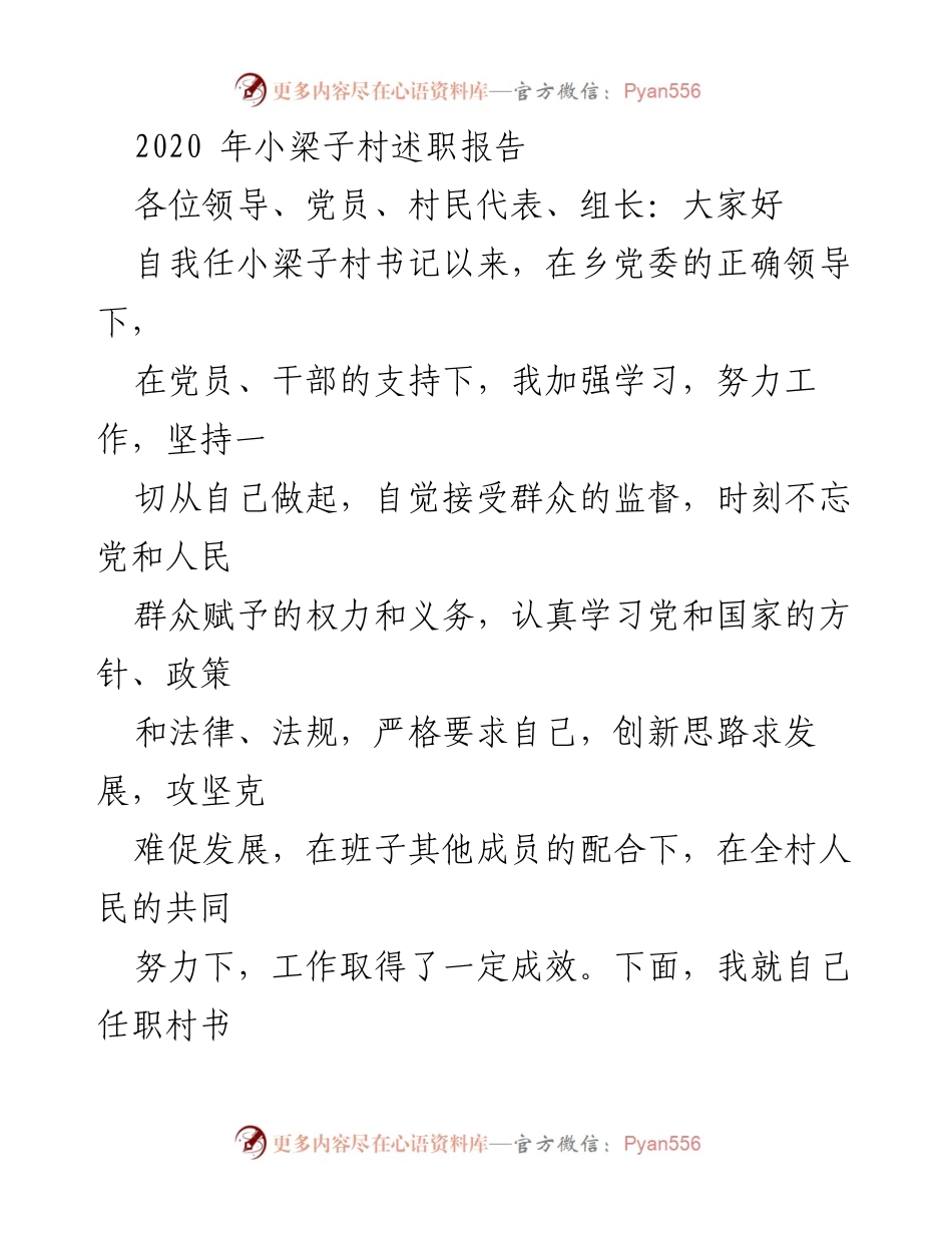[发言] 村务述职 - 小梁子村书记2020年工作述职报告.docx_第1页