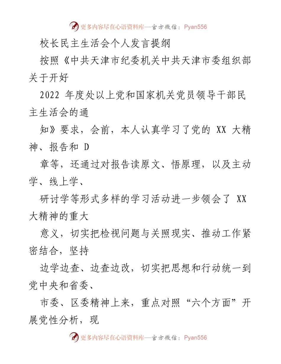 [发言] 校长民主生活会 - 深入学习与整改：个人发言提纲总结.docx_第1页