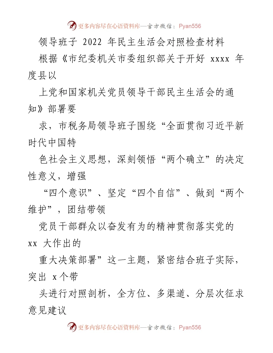 [发言] 民主生活会 - 2022年市税务局领导班子民主生活会对照检查材料.docx_第1页