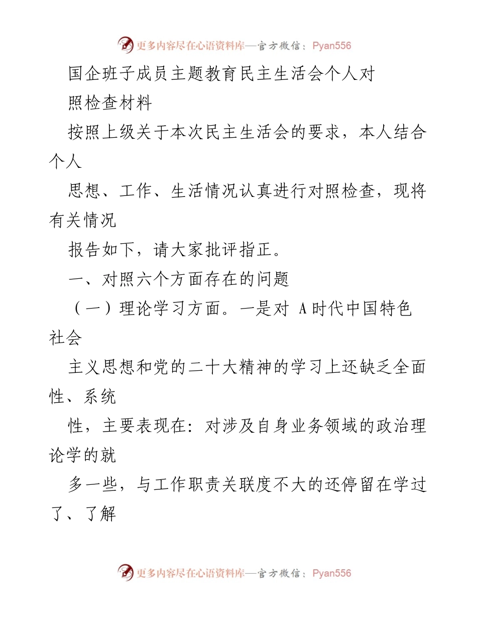 [发言] 民主生活会 - 国企班子成员主题教育民主生活会个人对照检查材料.docx_第1页
