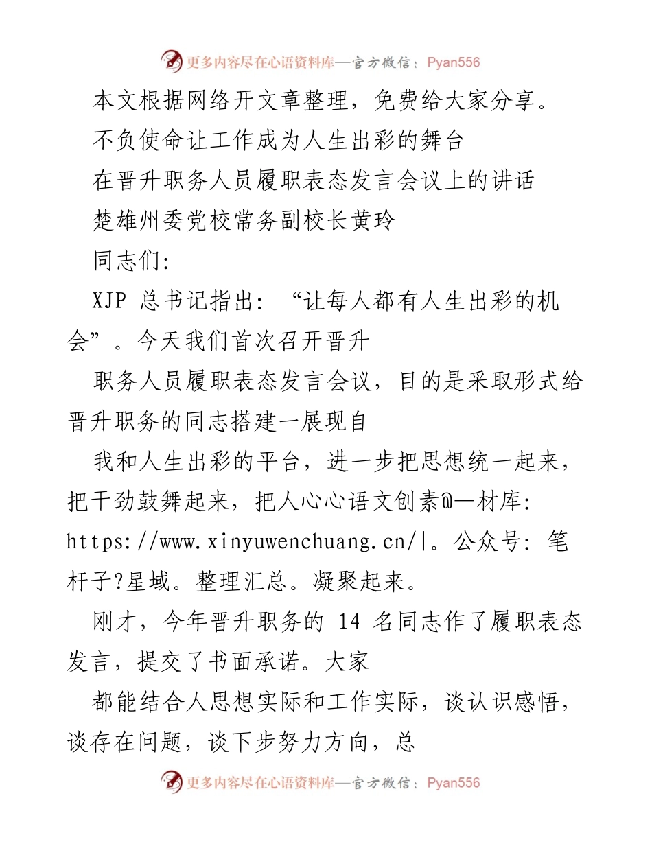 [发言] 晋升职务人员履职表态发言会议讲话.docx_第1页