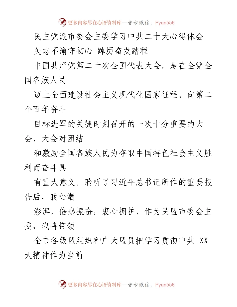 [发言] 民主党派市委会学习会 - 深刻领悟中共二十大精神，坚定不移跟党走.docx_第1页