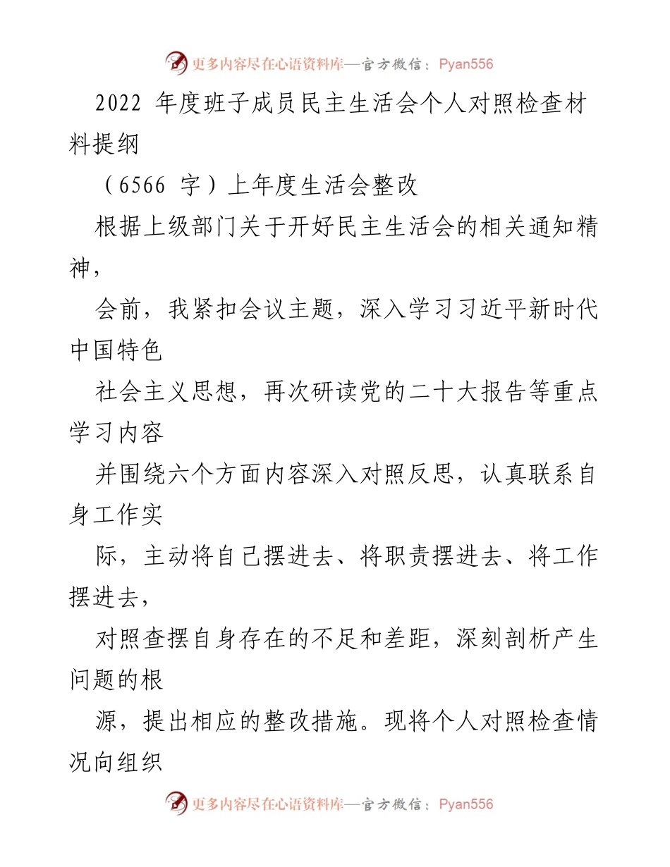 [发言] 民主生活会 - 2022年度班子成员个人对照检查汇报.docx_第1页