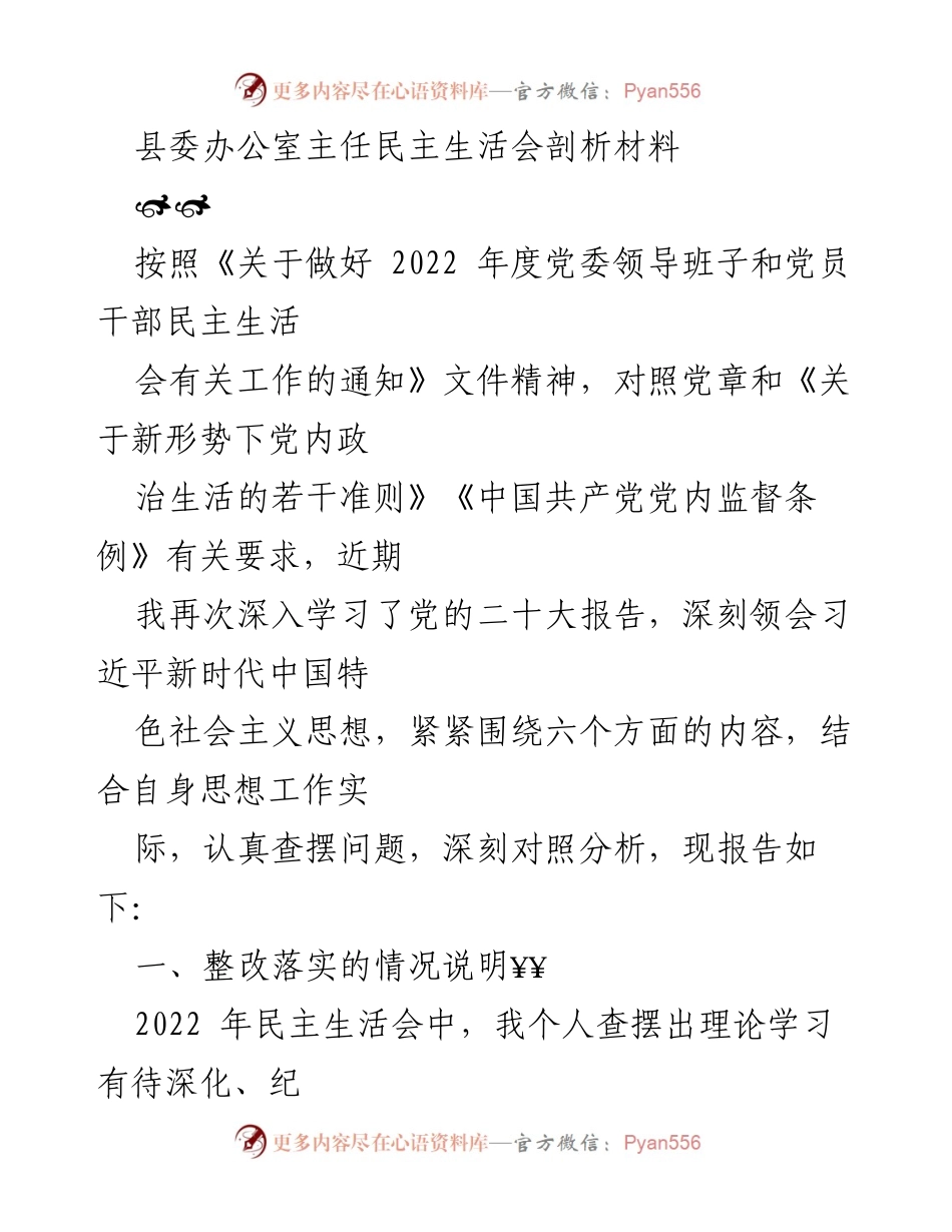 [发言] 民主生活会 - 县委办公室主任民主生活会问题整改情况汇报.docx_第1页
