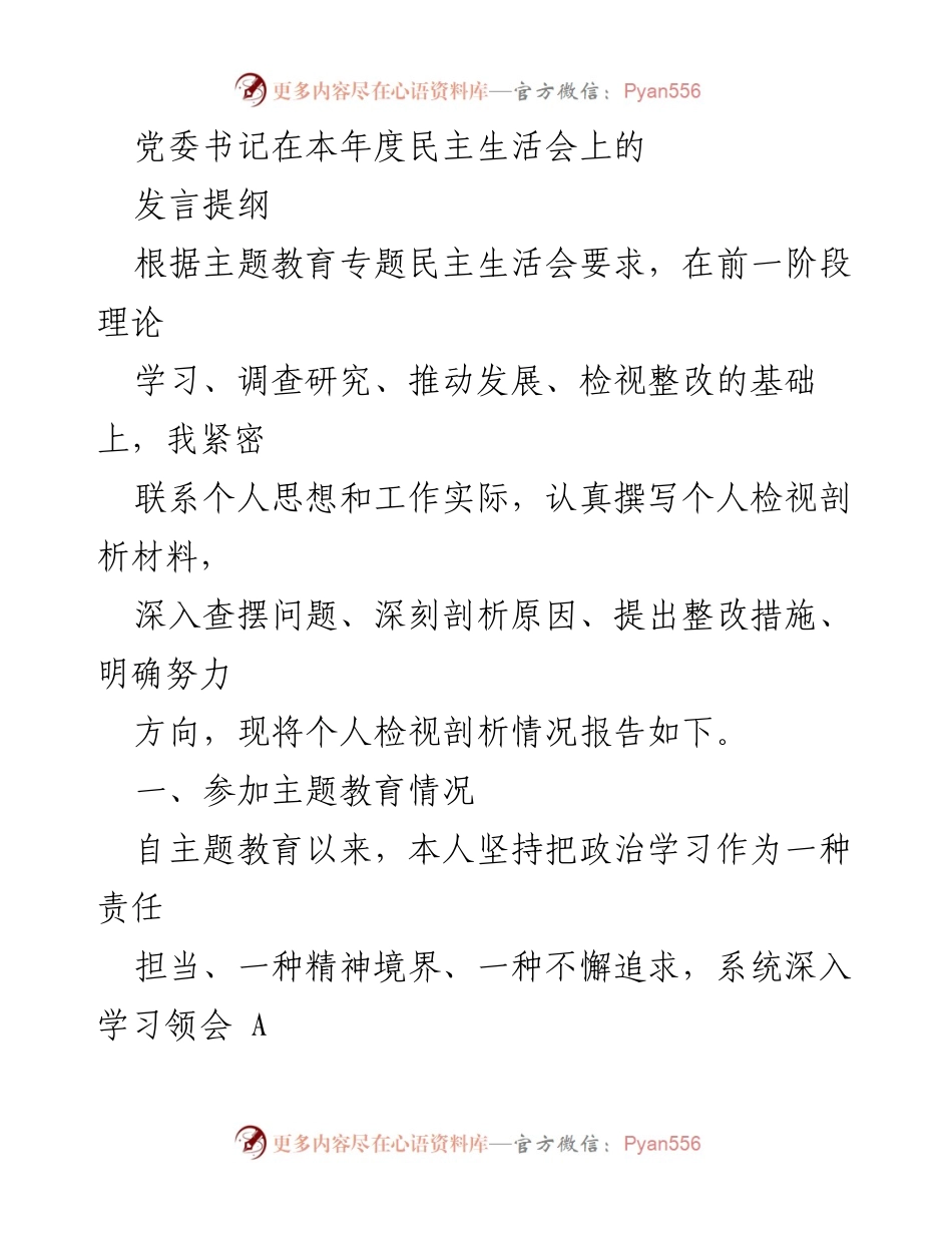 [发言] 民主生活会 - 党委书记年度民主生活会发言提纲及个人检视剖析报告.docx_第1页