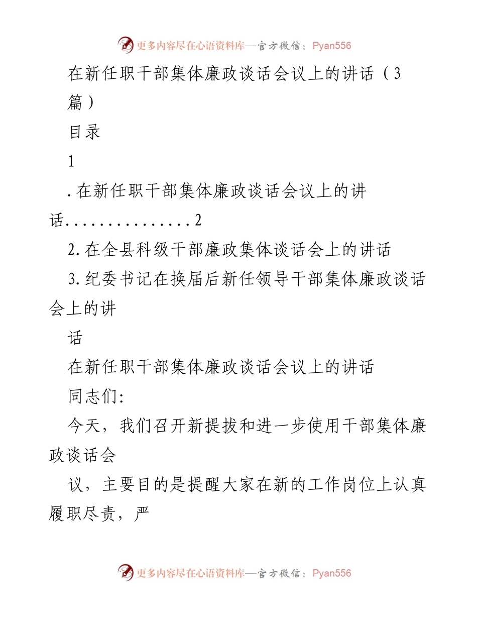 [发言] 新任职干部集体廉政谈话会议 - 强调对党忠诚与履职尽责的期望.docx_第1页