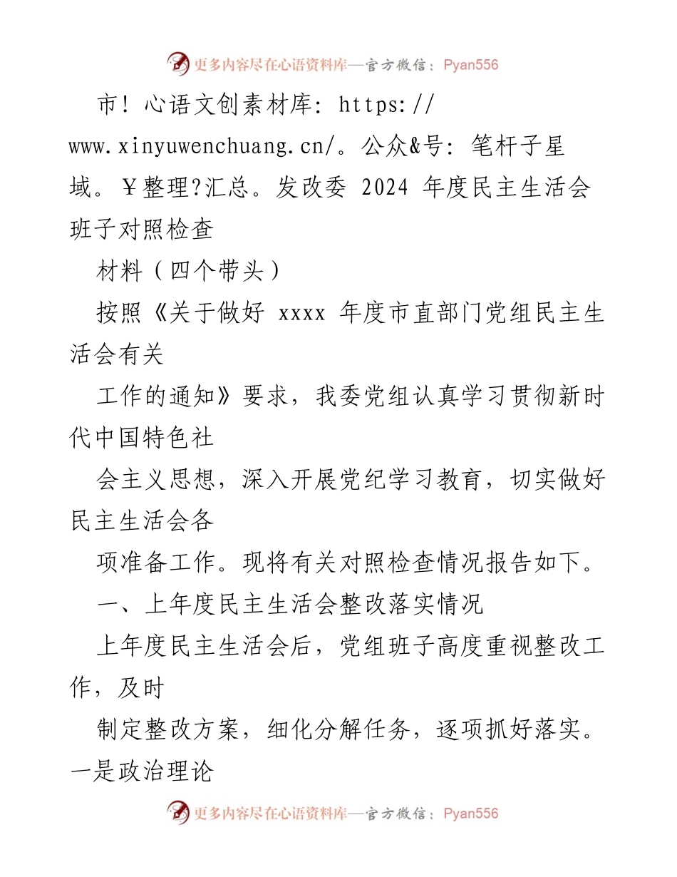 [发言] 民主生活会 - 市发改委2024年度民主生活会班子对照检查报告.docx_第1页