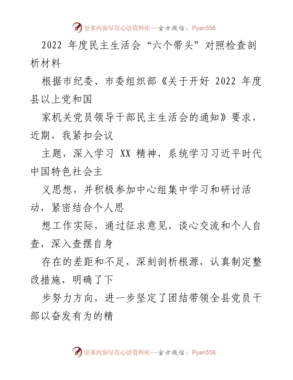 [发言] 民主生活会 - 2022年度民主生活会“六个带头”对照检查与剖析.docx_第1页