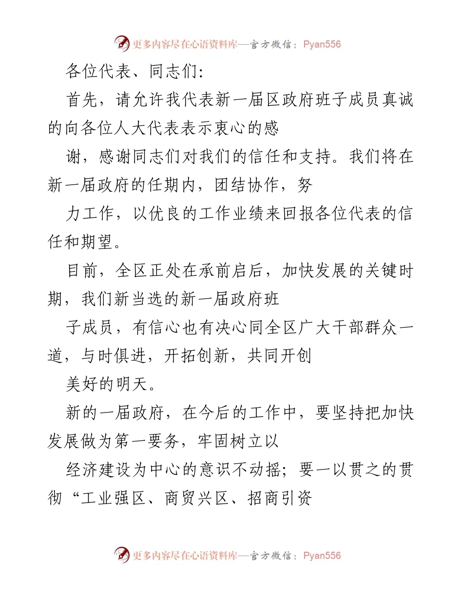 [发言] 新一届政府成立大会 - 新区政府班子成员的工作承诺与展望.docx_第1页