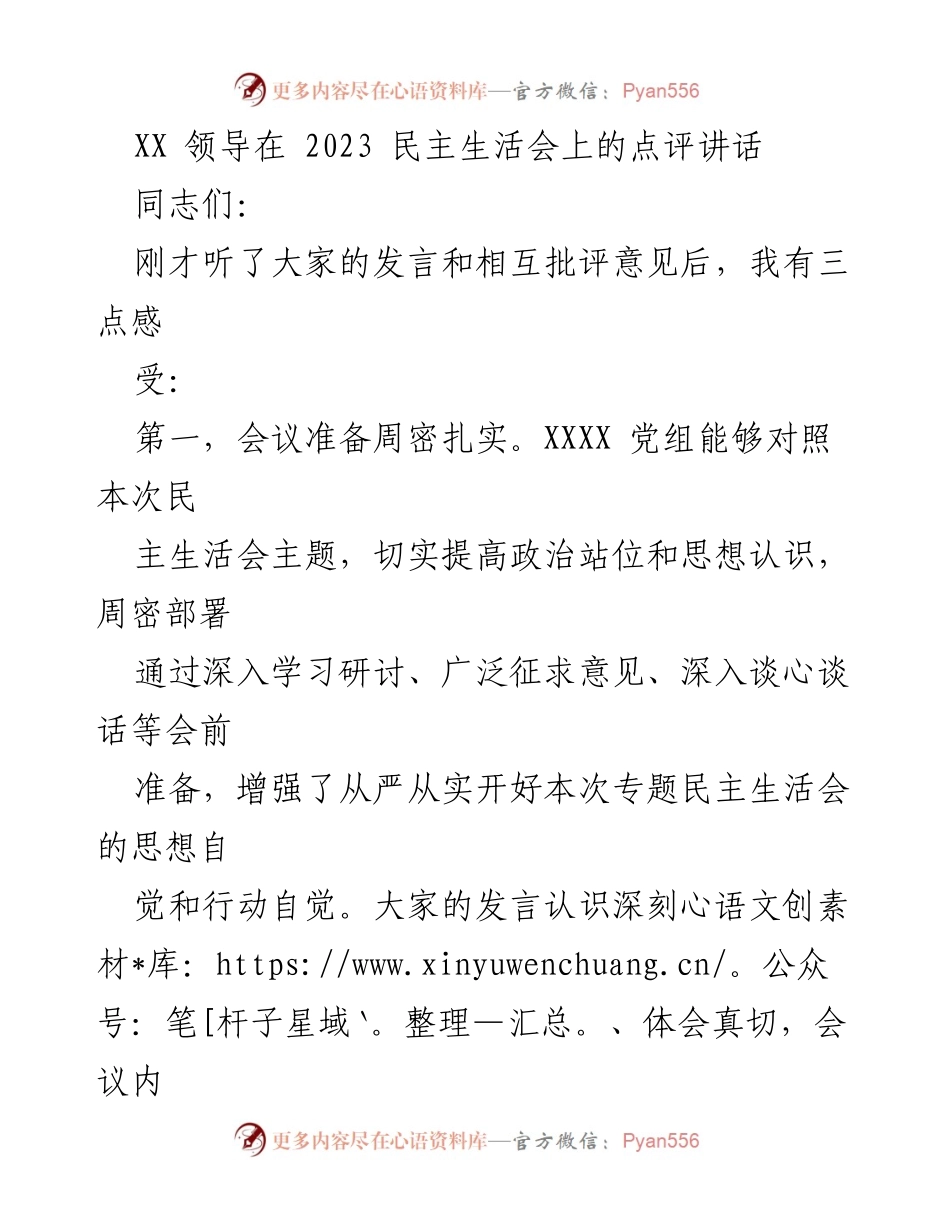 [发言] 民主生活会 - XX领导对2023年民主生活会的点评与展望.docx_第1页