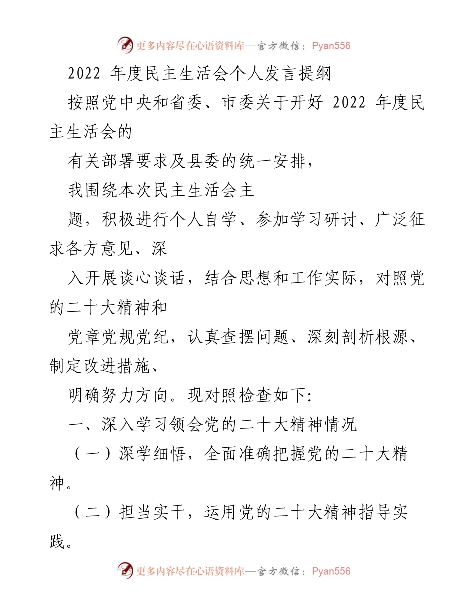 [发言] 民主生活会 - 2022年度民主生活会个人发言提纲_9.docx_第1页