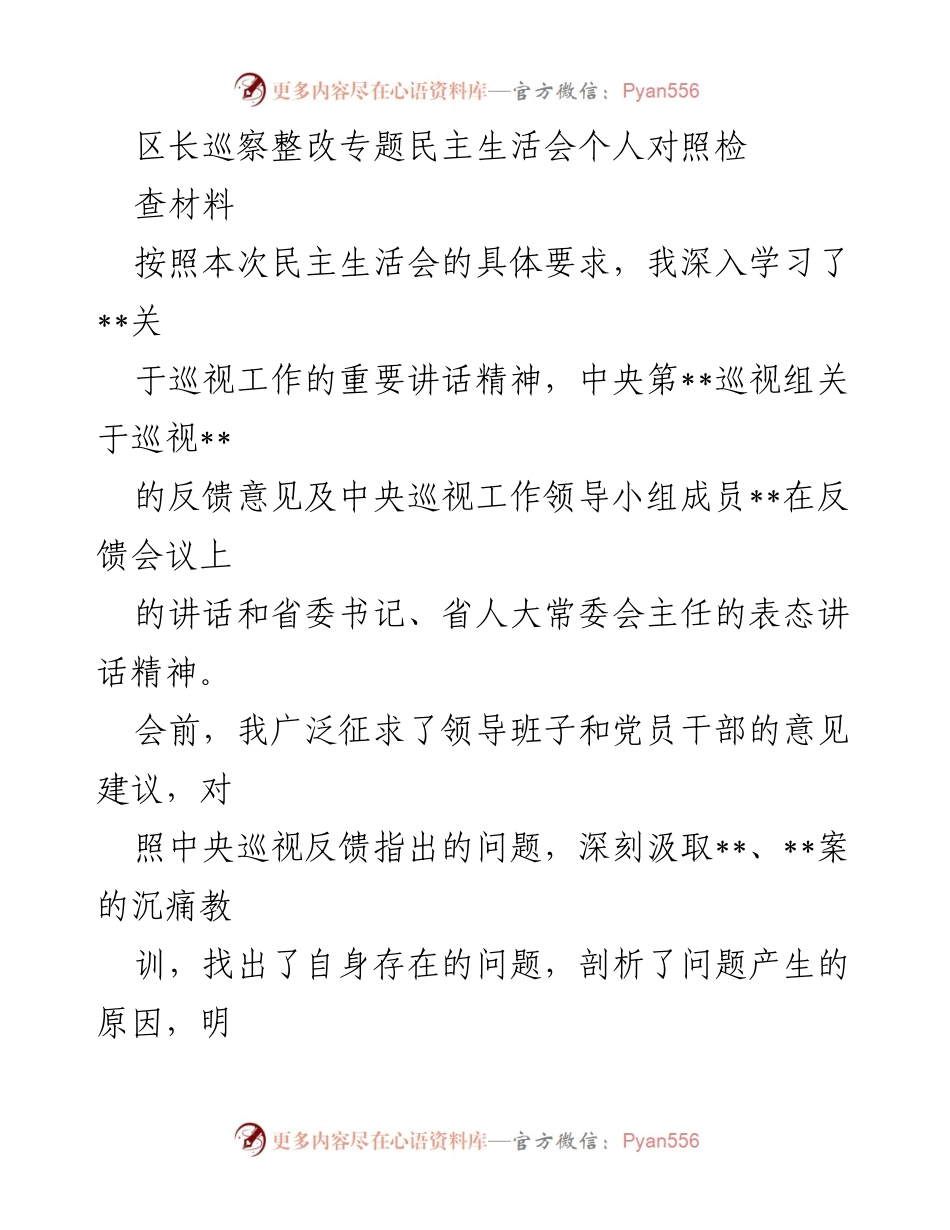 [发言] 民主生活会 - 区长巡察整改个人对照检查材料.docx_第1页