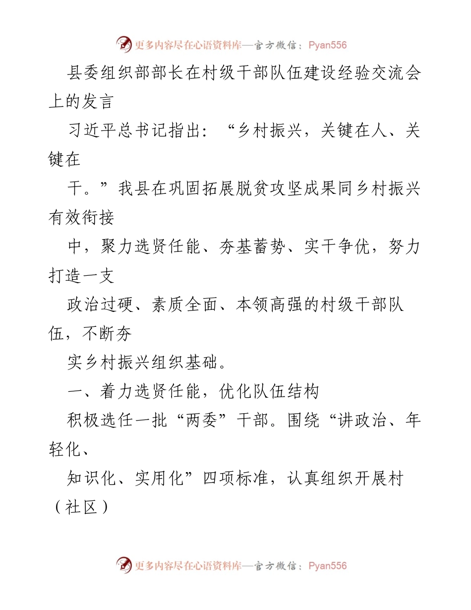 [发言] 村级干部队伍建设经验交流会 - 打造高素质村级干部队伍，助力乡村振兴.docx_第1页