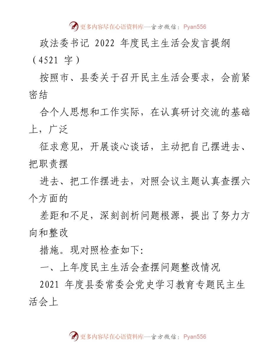 [发言] 民主生活会 - 政法委书记2022年度民主生活会发言提纲.docx_第1页