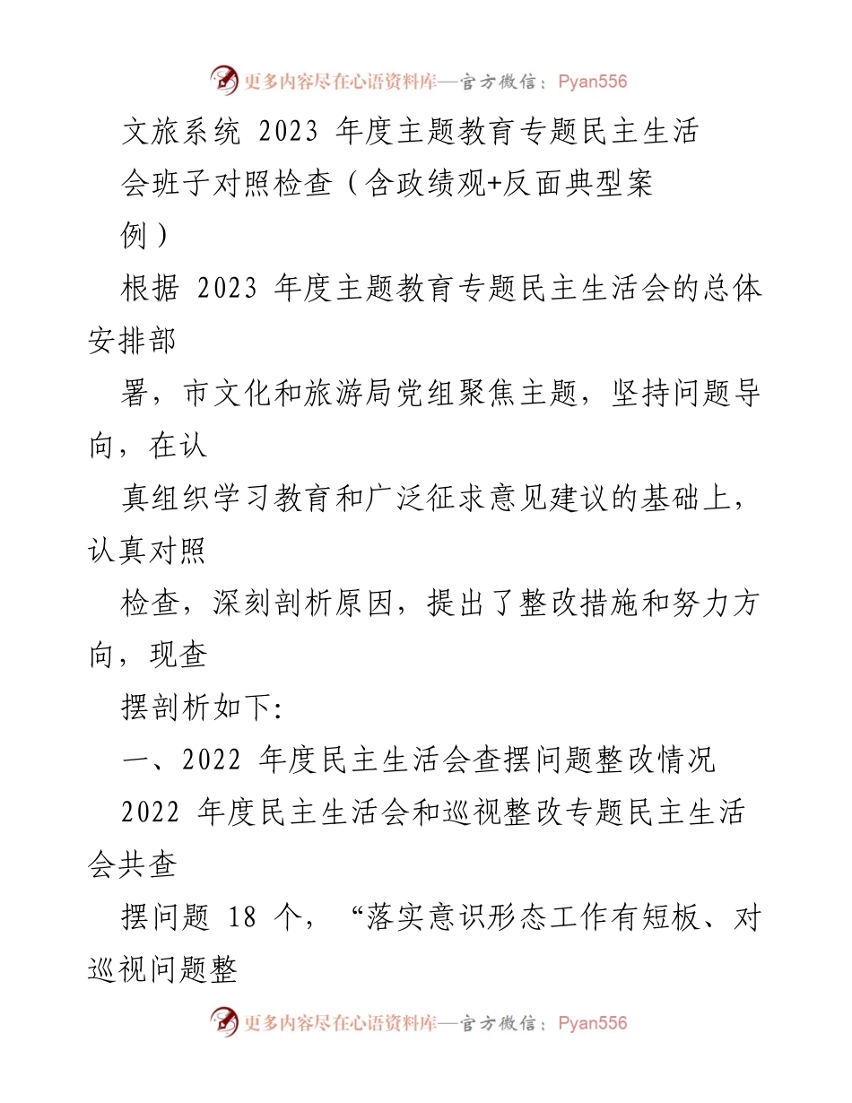 [发言] 文旅系统 2023 年度主题教育专题民主生活会 - 主题教育与问题整改的深入剖析.docx_第1页