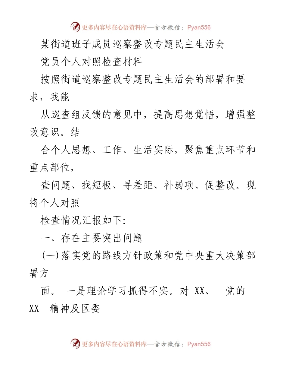 [发言] 民主生活会 - 巡察整改专题民主生活会个人对照检查汇报.docx_第1页
