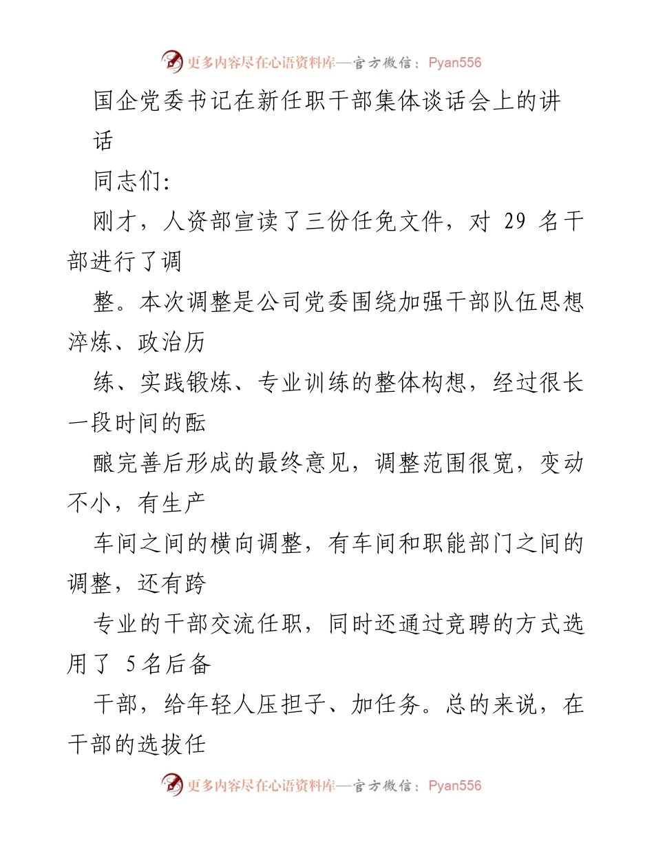 [发言] 新任职干部集体谈话会 - 国企党委书记对新任干部的期望与要求.docx_第1页