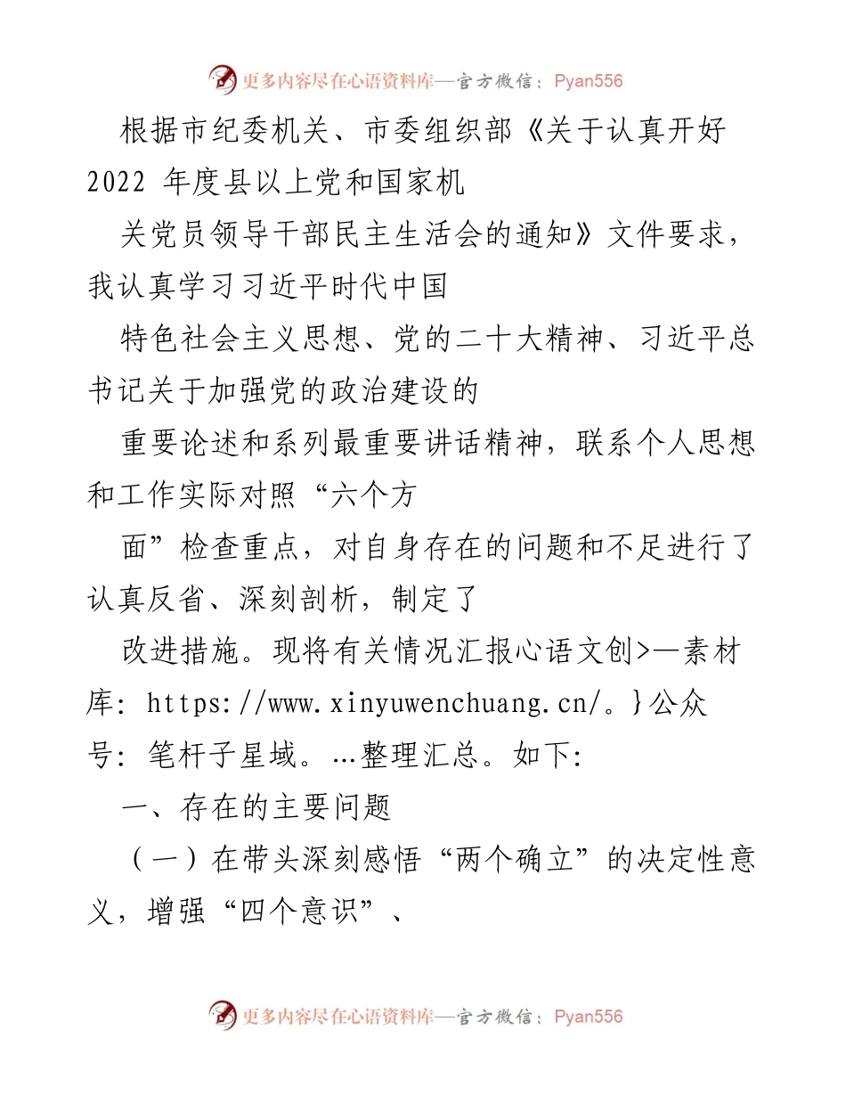 [发言] 民主生活会 - 2022年度党员领导干部民主生活会自我反省与改进措施汇报.docx_第1页