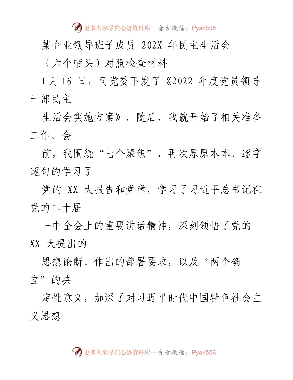 [发言] 民主生活会 - 202X年民主生活会对照检查材料总结.docx_第1页