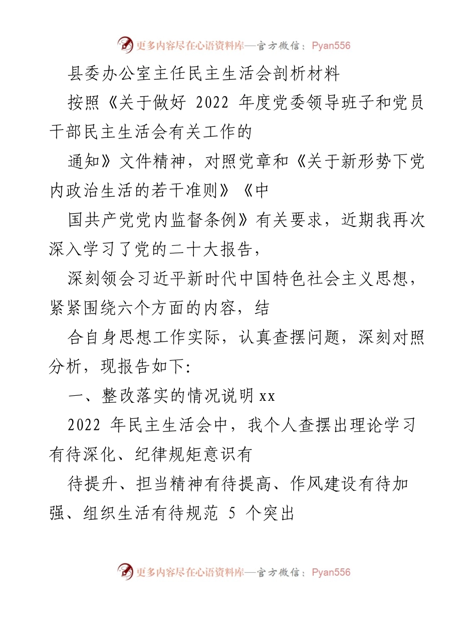 [发言] 民主生活会 - 县委办公室主任民主生活会问题剖析与整改措施报告.docx_第1页
