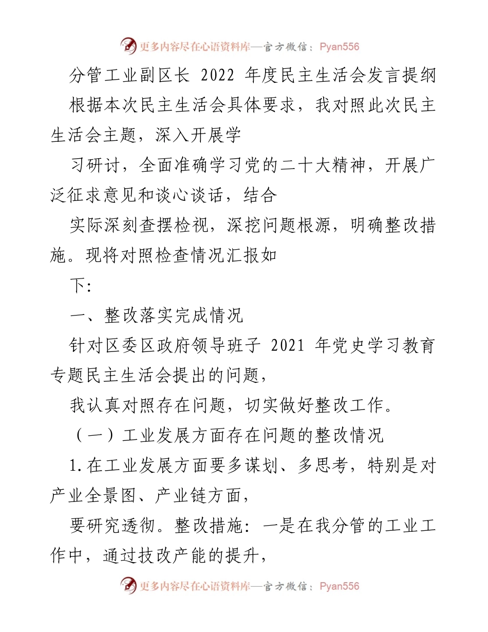 [发言] 民主生活会 - 2022年度工业副区长民主生活会发言提纲.docx_第1页