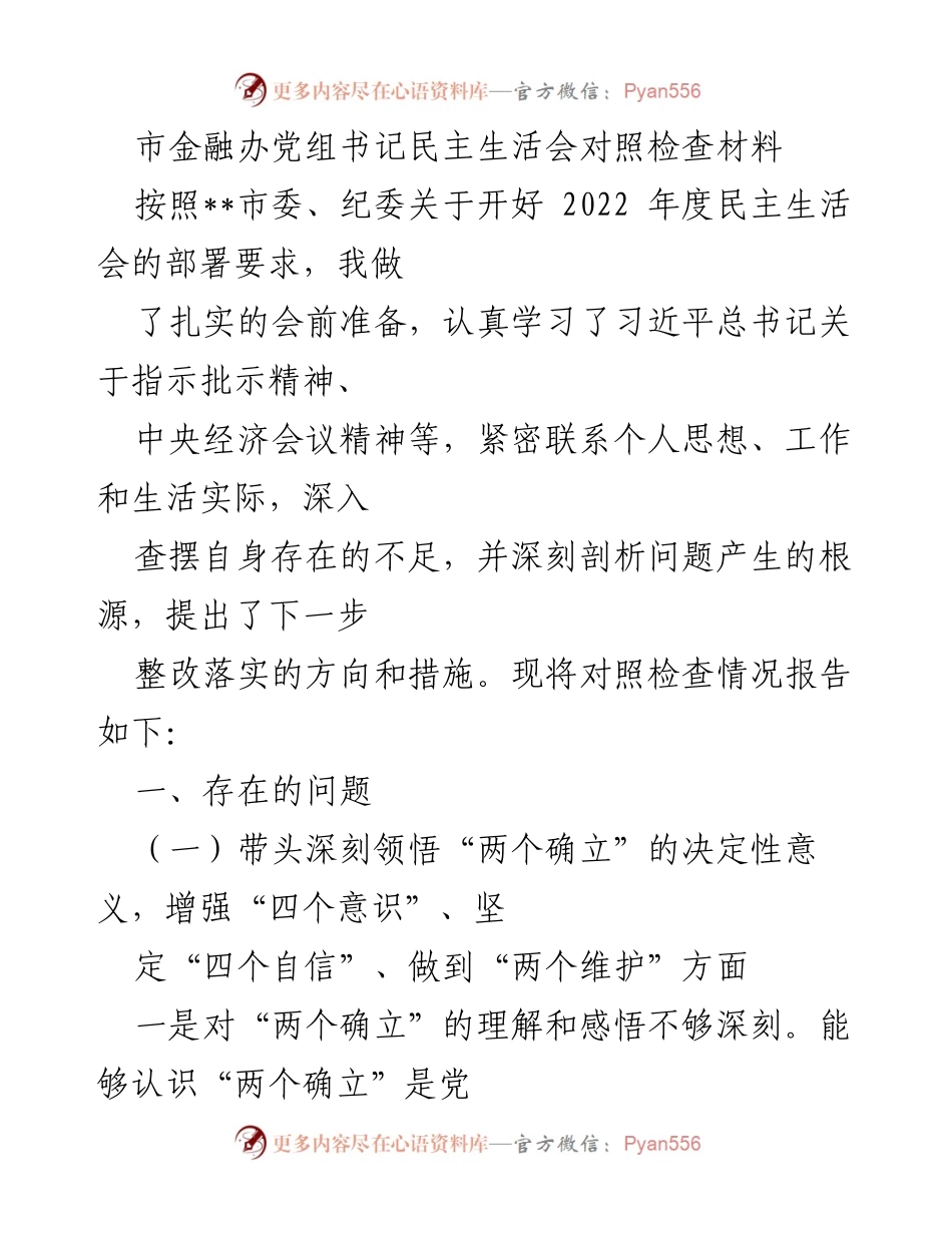 [发言] 民主生活会 - 市金融办党组书记对照检查材料总结.docx_第1页