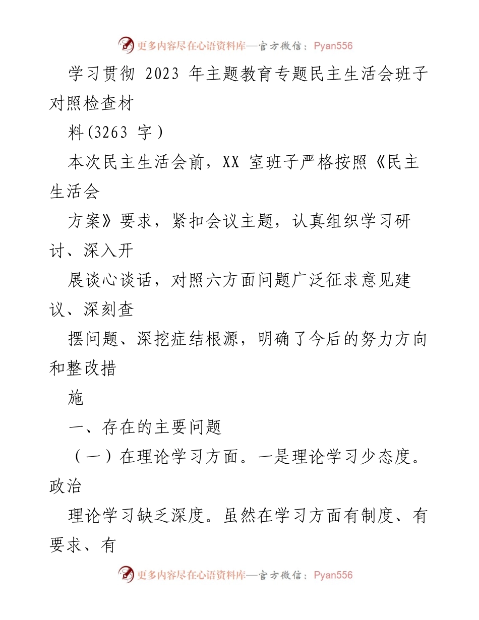 [发言] 民主生活会 - 2023年主题教育专题民主生活会班子对照检查材料分析.docx_第1页