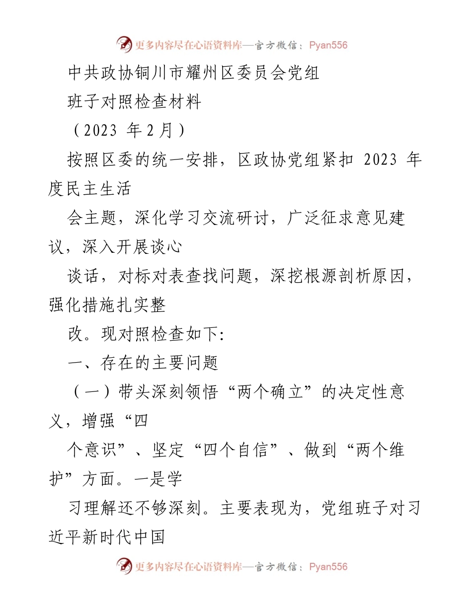 [发言] 民主生活会 - 2023年度政协党组对照检查材料分析.docx_第1页