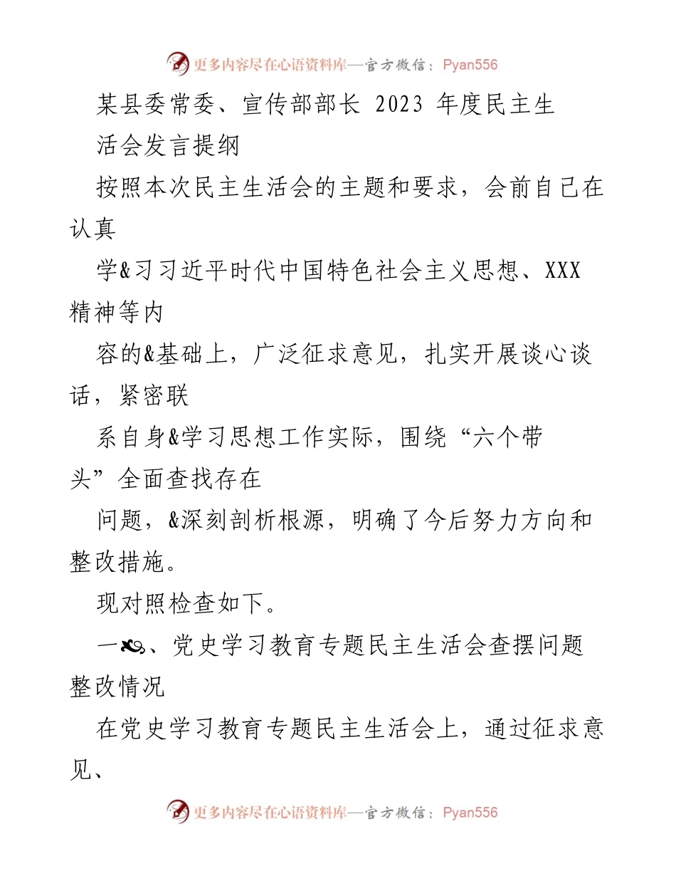 [发言] 民主生活会 - 2023年度民主生活会发言提纲.docx_第1页