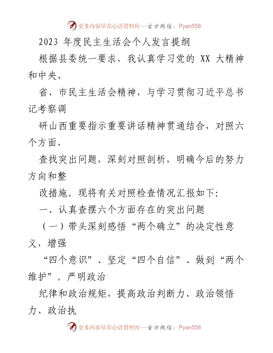 [发言] 民主生活会 - 2023年度民主生活会个人发言提纲.docx_第1页