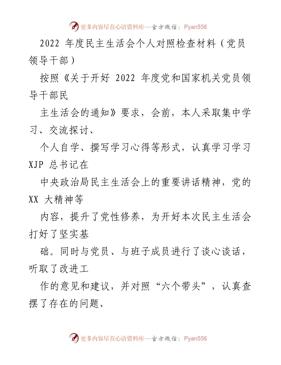 [发言] 民主生活会 - 2022年度党员领导干部个人对照检查材料.docx_第1页