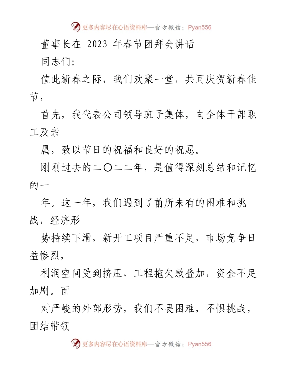 [发言] 春节团拜会 - 2023年春节团拜会董事长讲话总结与展望.docx_第1页
