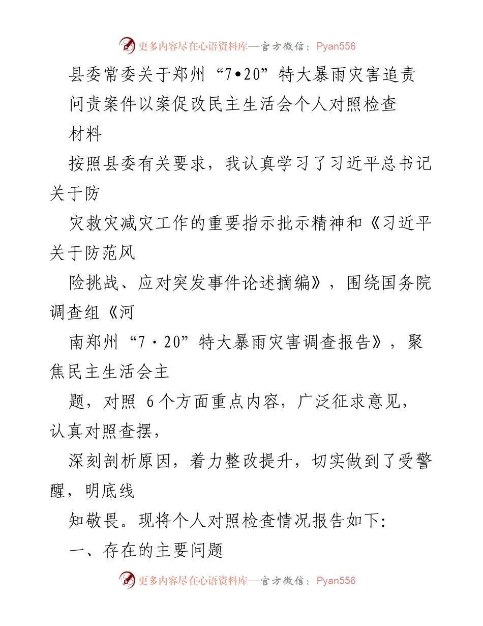 [发言] 民主生活会 - 郑州“7•20”特大暴雨灾害追责的个人对照检查报告.docx_第1页