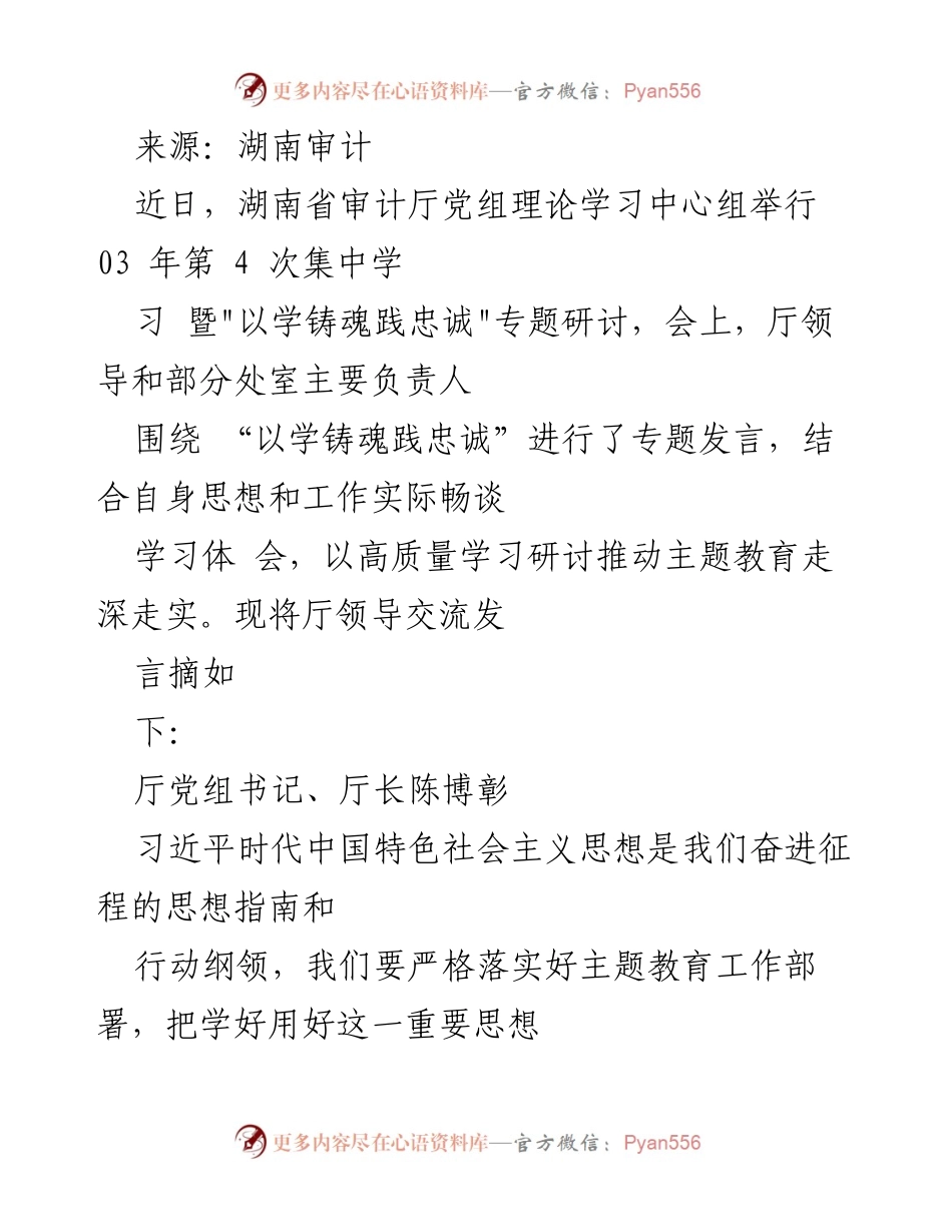 [发言] 湖南省审计厅党组理论学习中心组举行“以学铸魂践忠诚”专题研讨会总结.docx_第1页