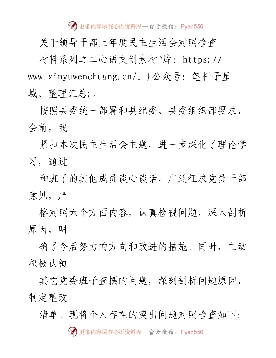 [发言] 民主生活会 - 领导干部年度对照检查与问题剖析.docx_第1页
