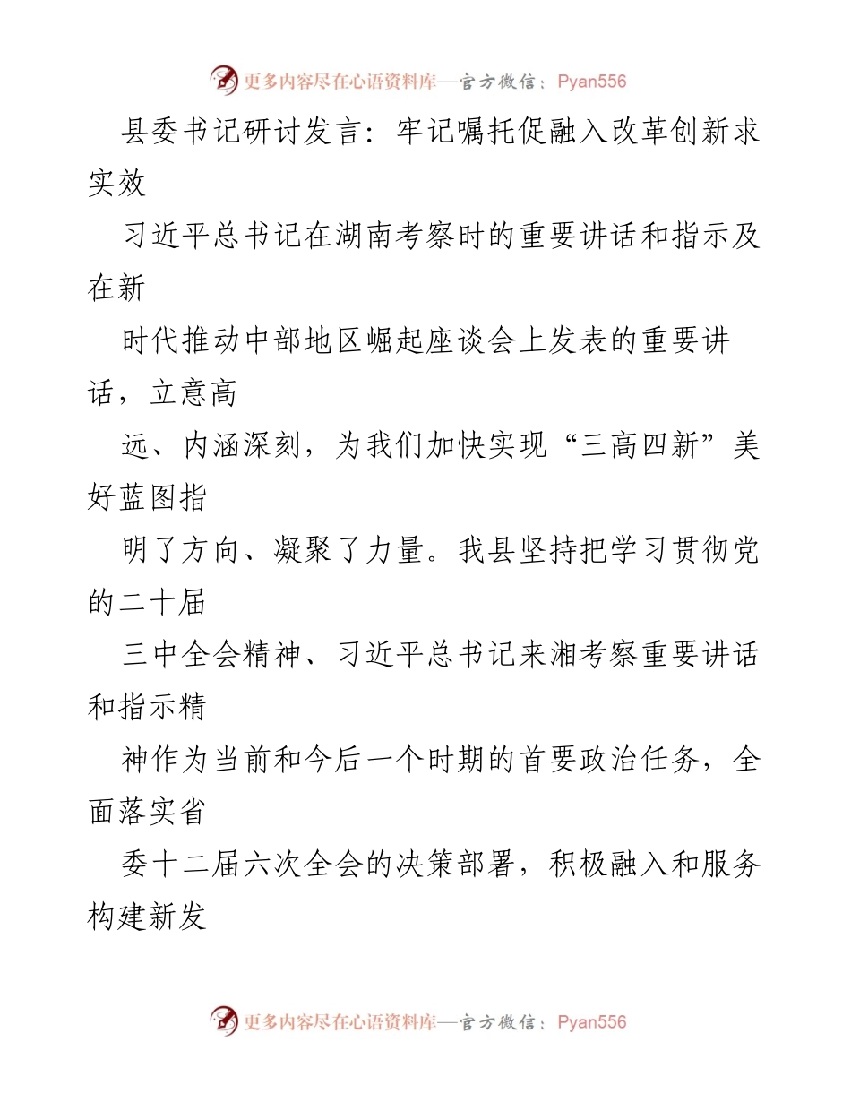 [发言] 研讨会 - 牢记嘱托，推动改革创新实现高质量发展.docx_第1页