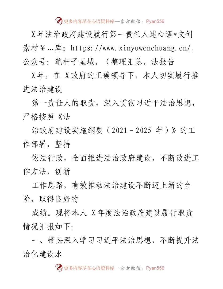 [发言] 法治政府建设工作会议 - X年法治政府建设第一责任人履职述法报告.docx_第1页