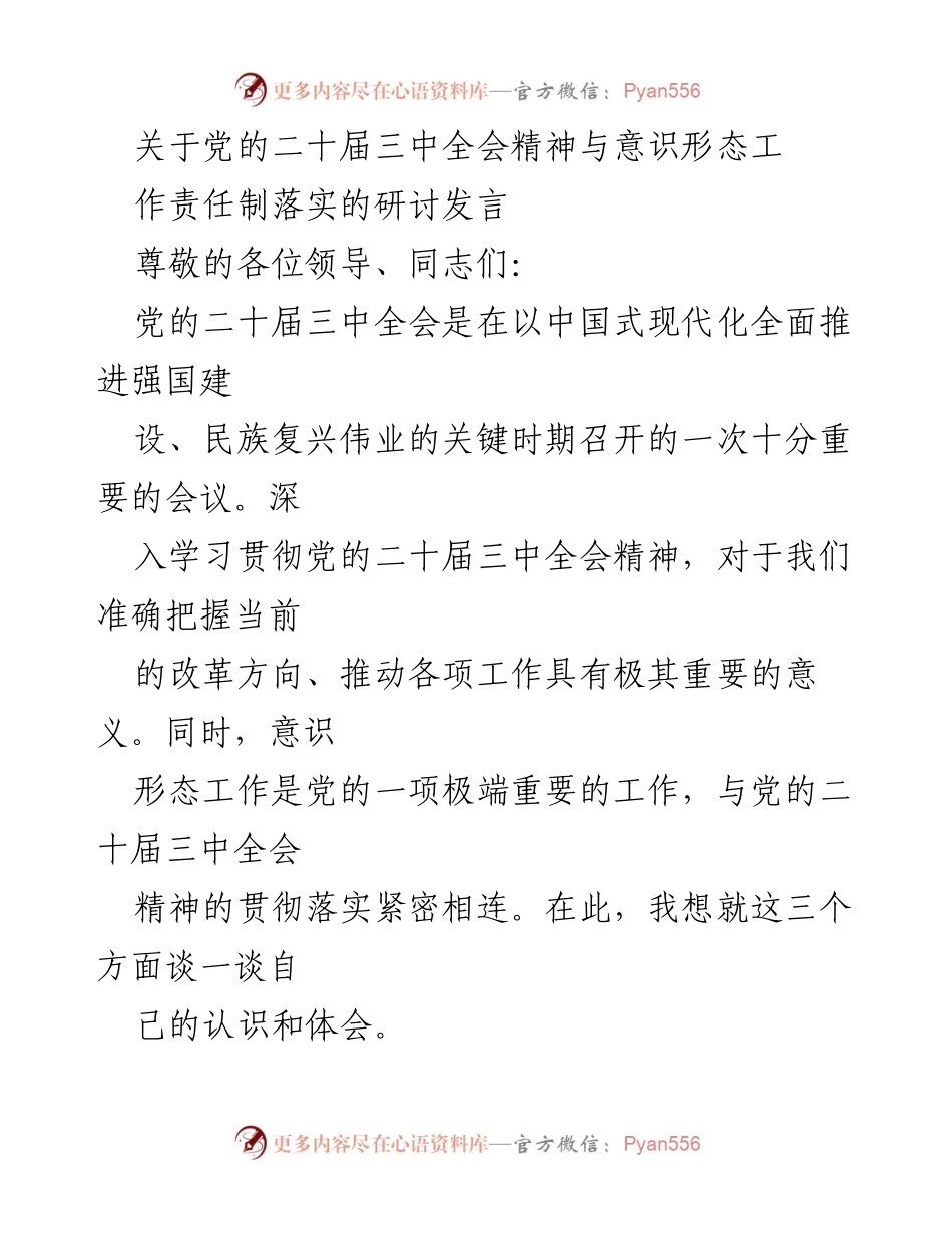 [发言] 研讨会 - 深入学习贯彻党的二十届三中全会精神与意识形态工作责任制的重要性.docx_第1页