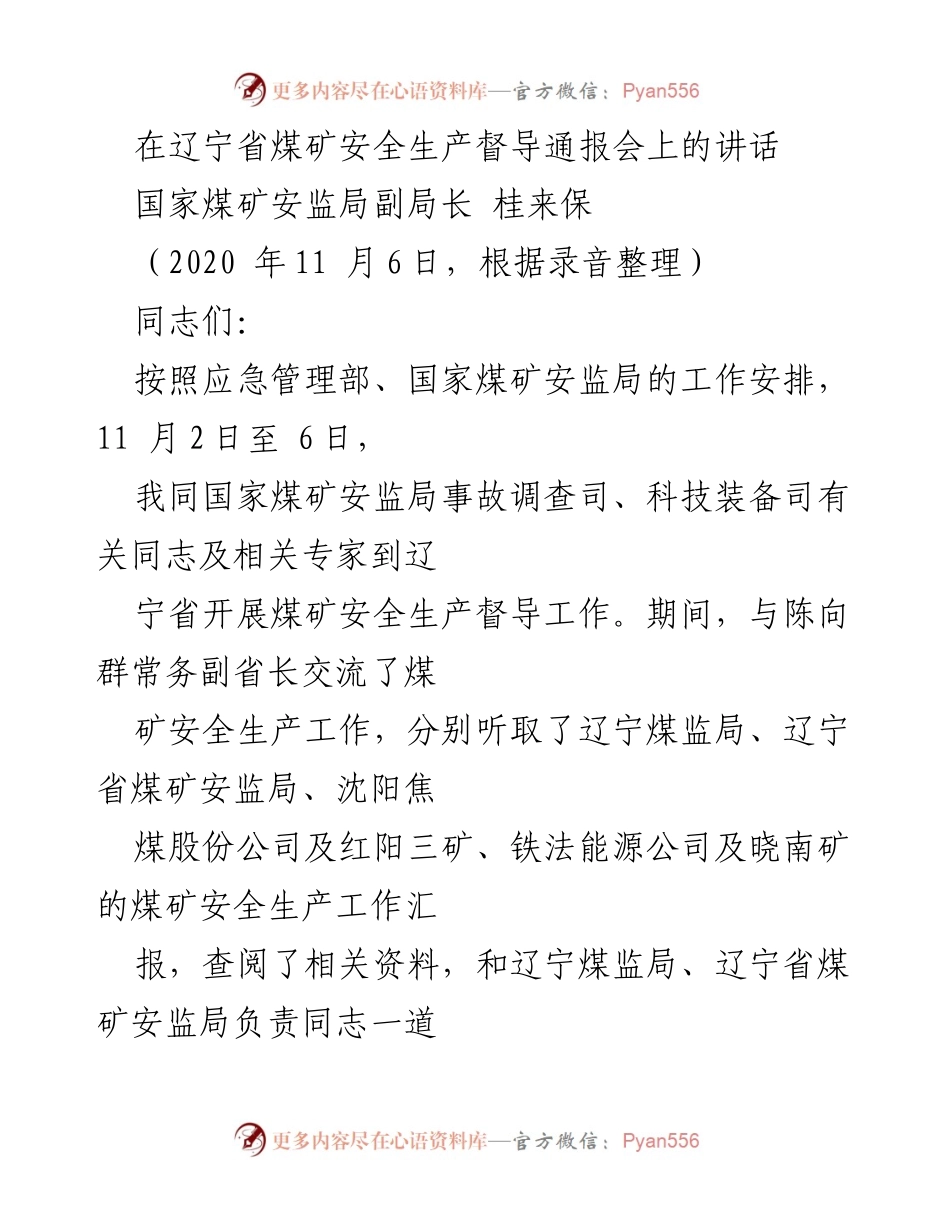 [发言] 煤矿安全生产督导通报会 - 辽宁省煤矿安全生产督导工作汇报与整改建议.docx_第1页