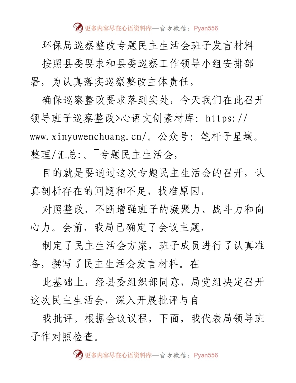 [发言] 民主生活会 - 环保局巡察整改专题民主生活会发言材料.docx_第1页