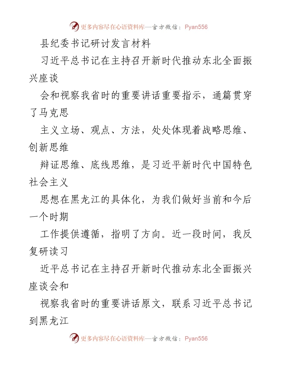 [发言] 研讨会 - 深入学习习近平总书记重要讲话精神，推动东北全面振兴与纪检监察工作结合.docx_第1页