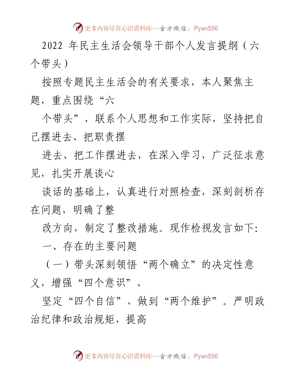 [发言] 民主生活会 - 领导干部个人发言提纲：聚焦“六个带头”的自我检视与整改措施.docx_第1页