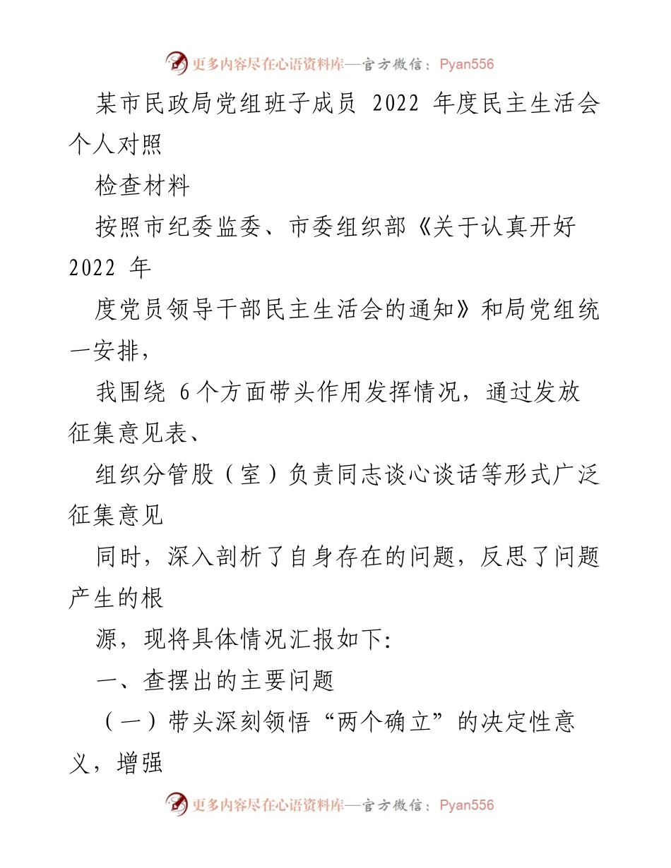 [发言] 民政局年度民主生活会 - 2022年度民主生活会个人对照检查材料总结.docx_第1页