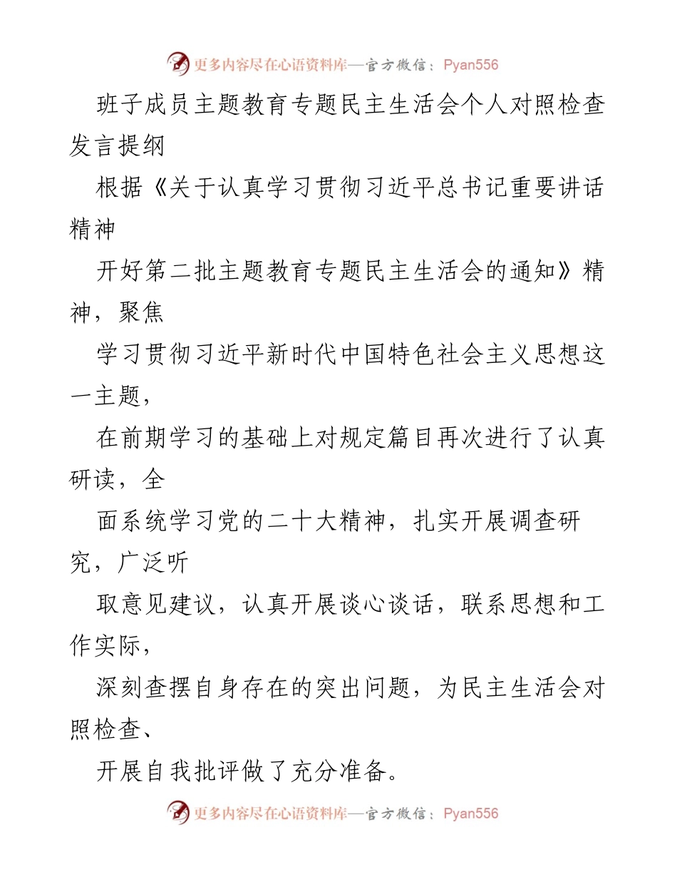 [发言] 民主生活会 - 班子成员主题教育专题民主生活会个人对照检查发言提纲_1.docx_第1页