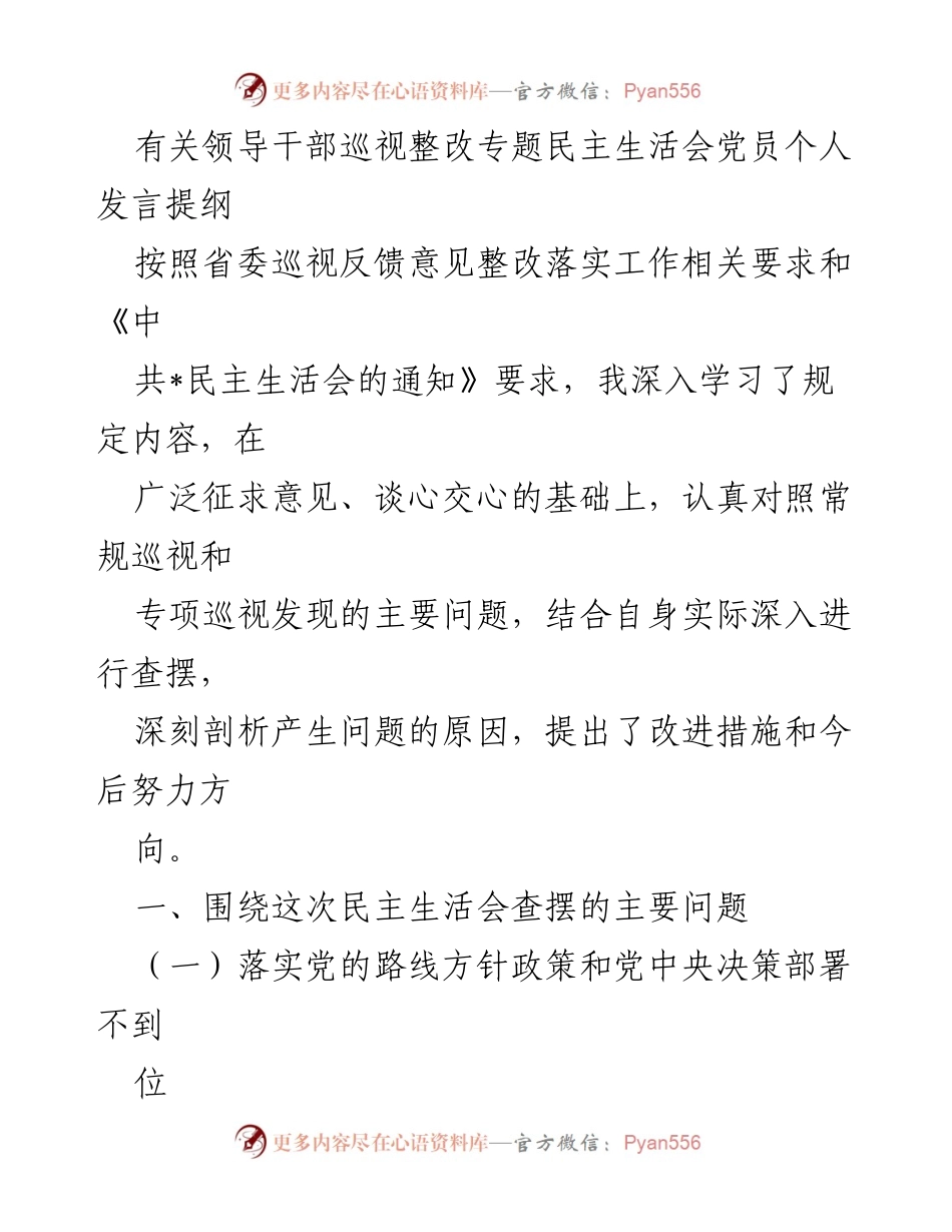 [发言] 民主生活会 - 领导干部巡视整改发言提纲.docx_第1页