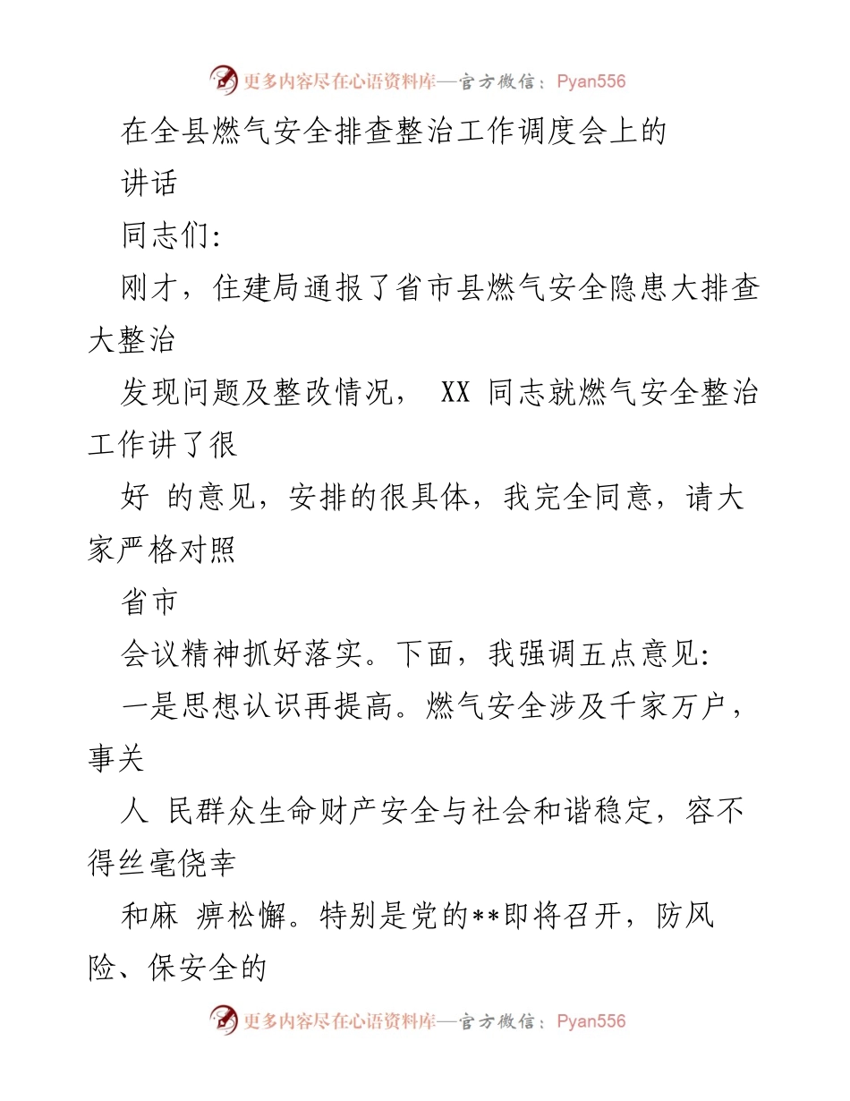 [发言] 燃气安全排查整治工作调度会 - 强化燃气安全责任，确保隐患排查整治落实.docx_第1页