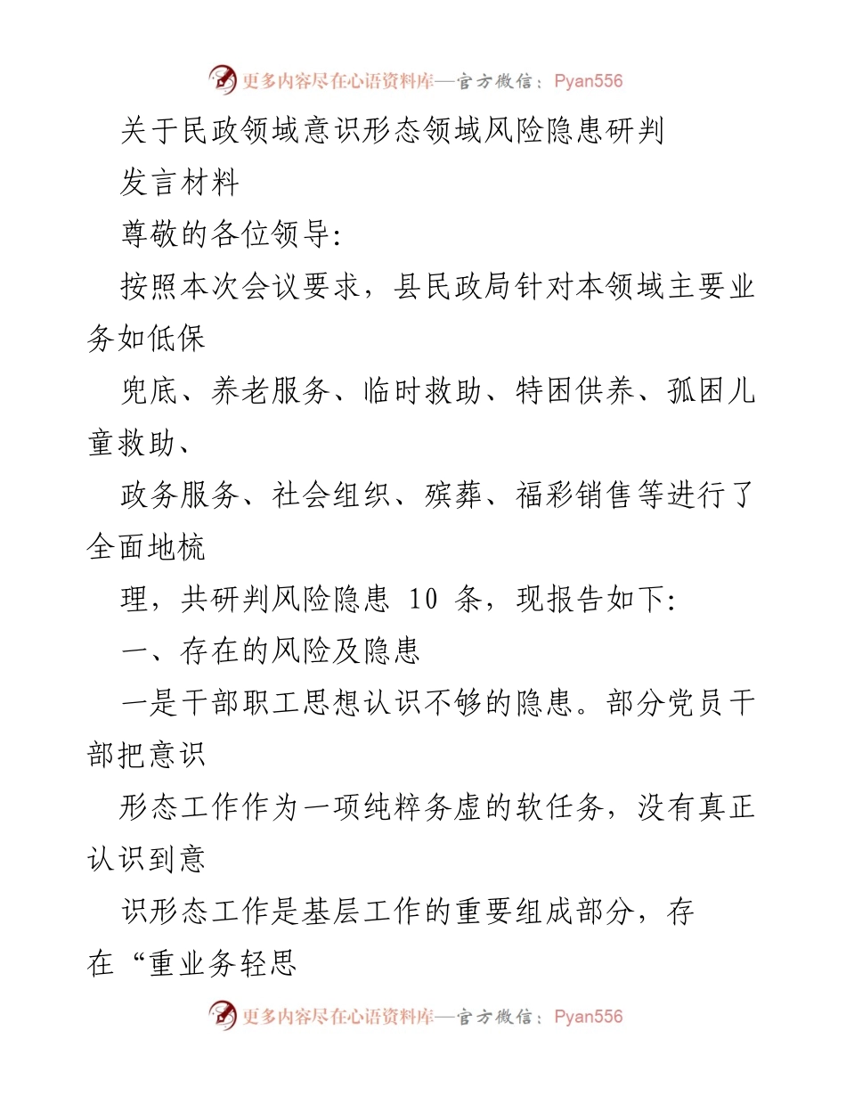 [发言] 民政局会议 - 民政领域意识形态风险隐患研判与防范措施.docx_第1页