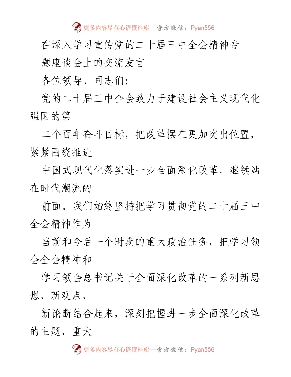 [发言] 深入学习宣传党的二十届三中全会精神座谈会 - 深化改革，推动中国式现代化新篇章.docx_第1页