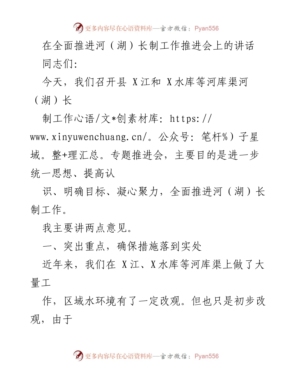 [发言] 河（湖）长制工作推进会 - 全面推进河（湖）长制工作的重要性与实施措施.docx_第1页